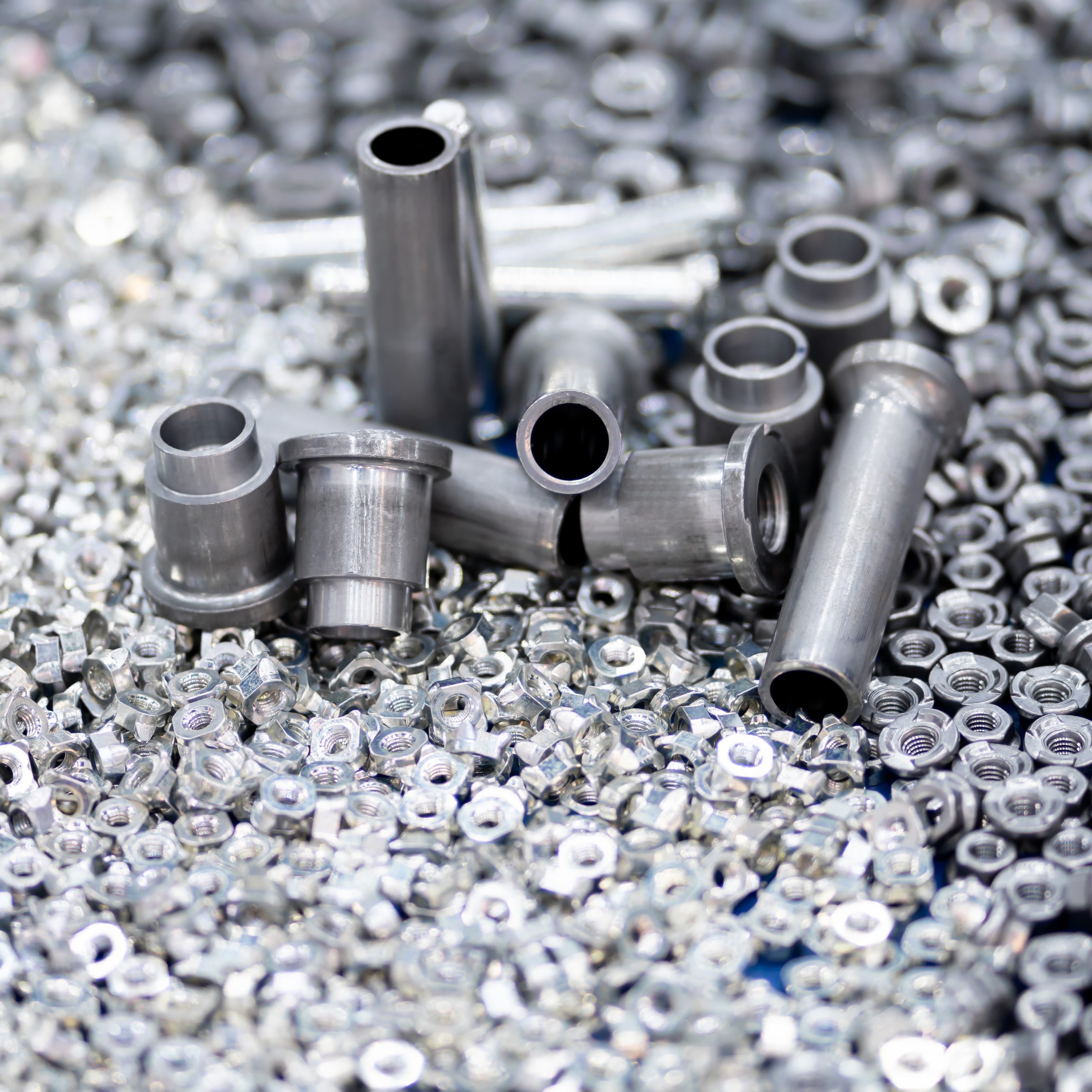 Many scattered of tapping screws bolts made from steel for construction building and industrial factory structure