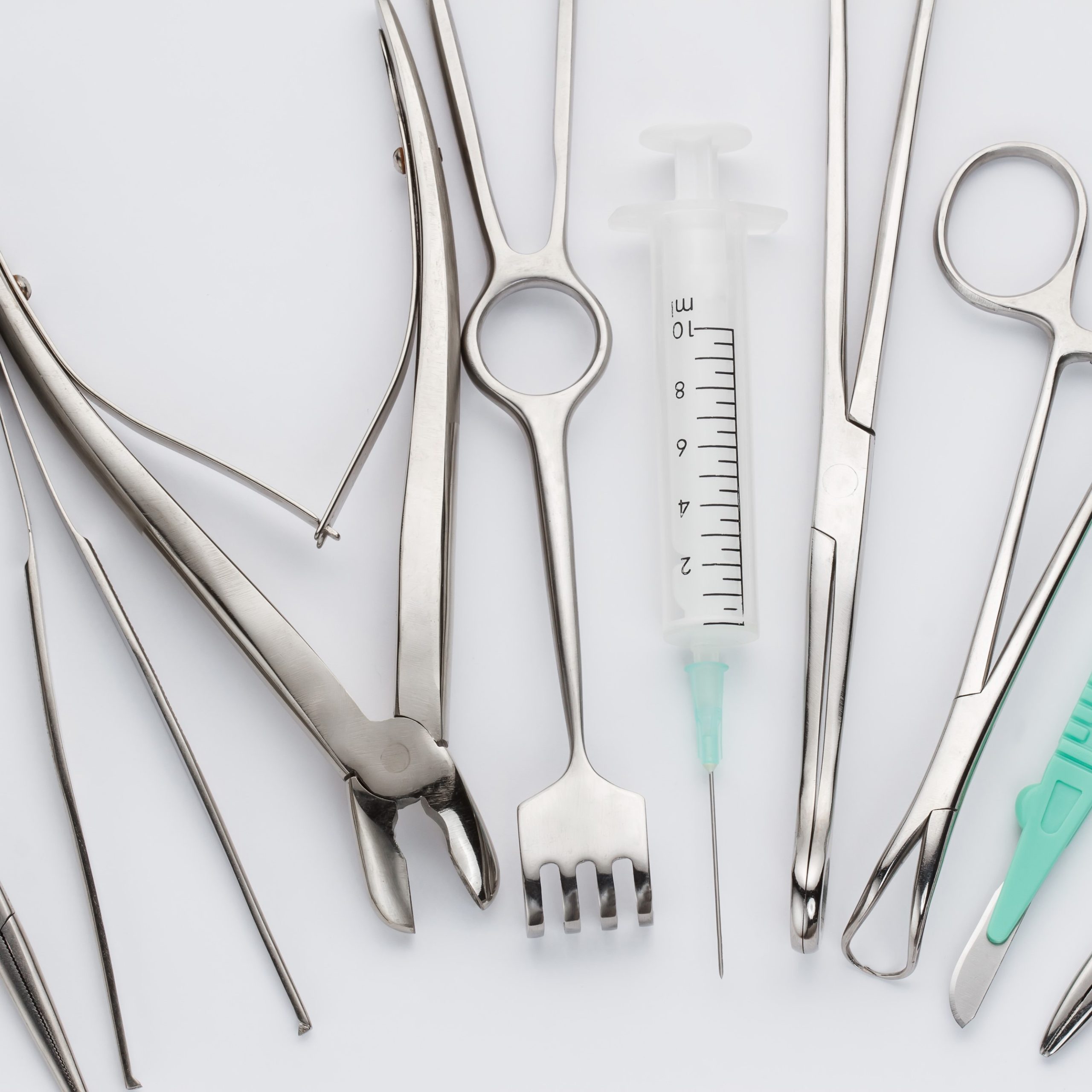 Overhead view of various surgical instruments